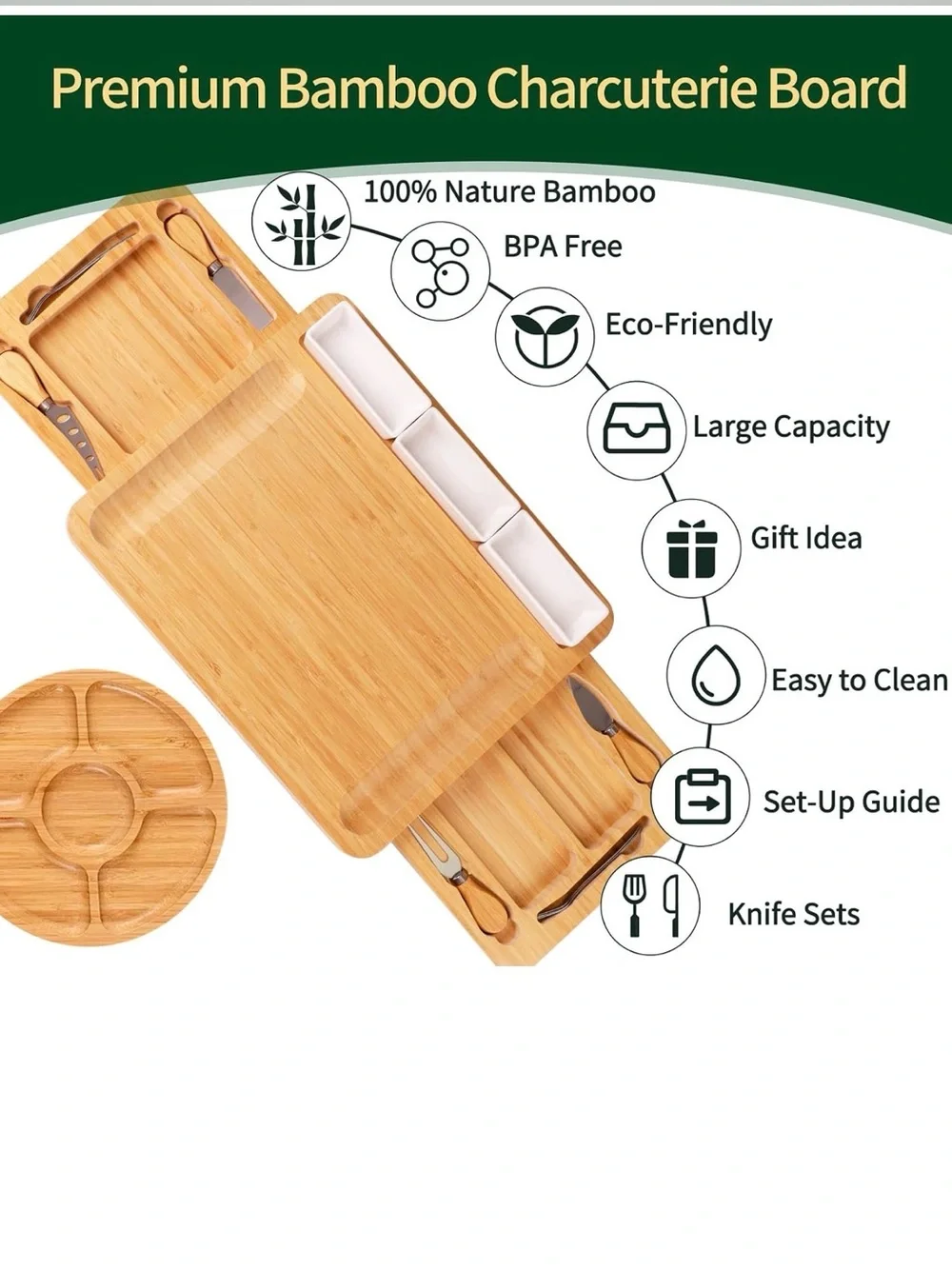 Bamboo Charcuterie & Cheese Serving Board Set - Natural Wood